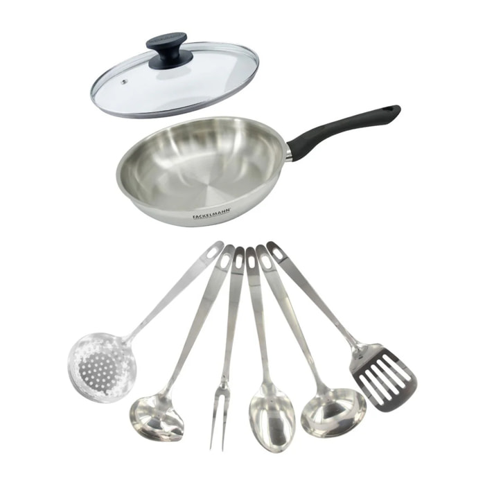 Set poêle 24 cm en inox, couvercle verre et 6 ustensiles inox Fackelmann Geneva