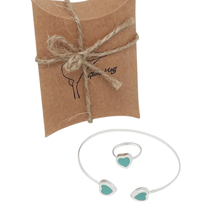 Conjunto Colors Corazón Pulsera y anillo plata 10µ Azul Celeste