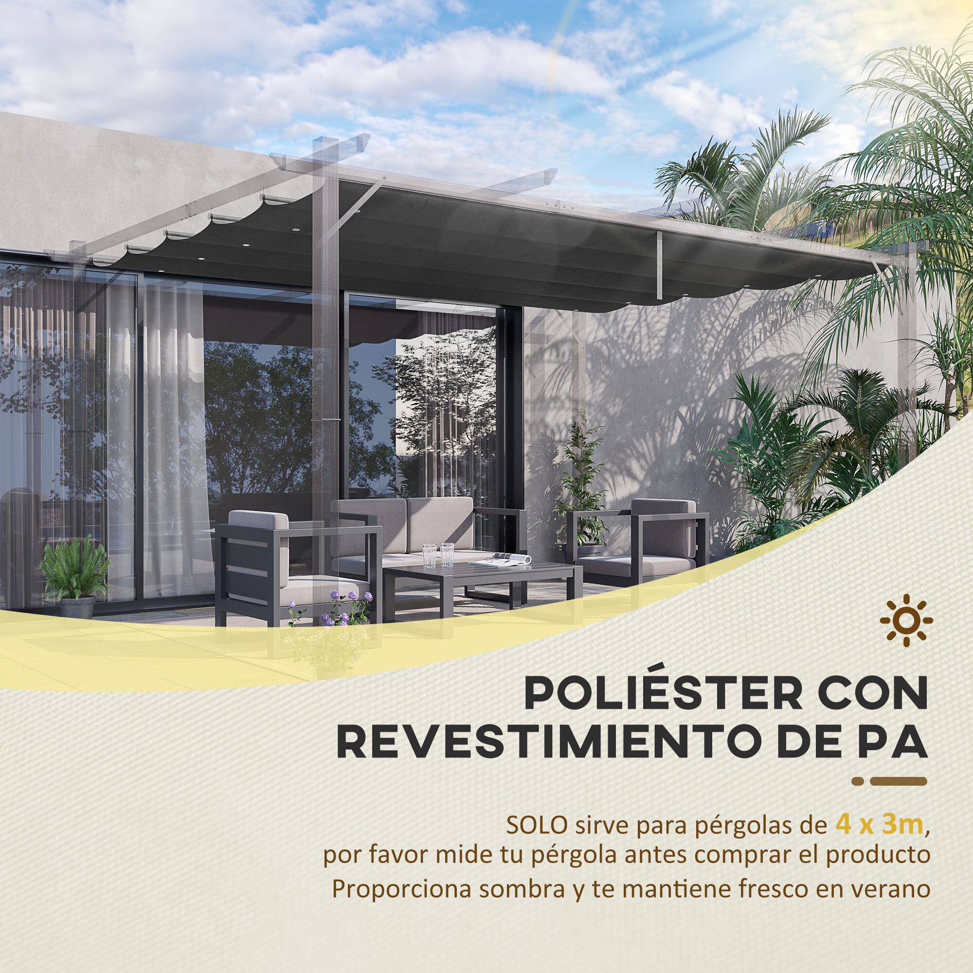 Cubierta para Pérgola 3,5x2,5 m Techo de Repuesto Retráctil para Sombrilla Toldo de Tela para Cenador Jardín con 10 Orificios de Drenaje Gris Oscuro