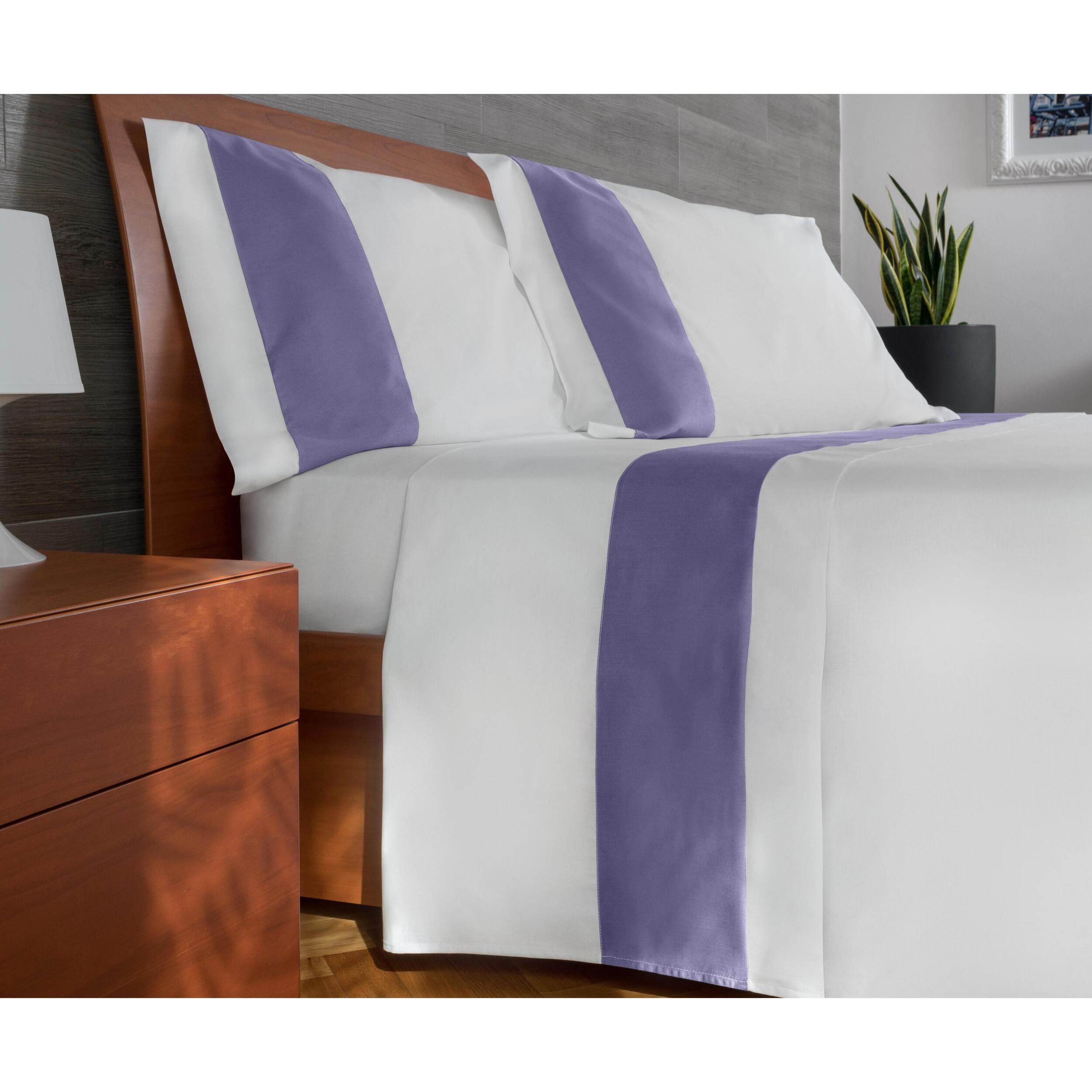 Completo letto bordo RASO IPERSAN Puro Cotone Viola fondo Bianco