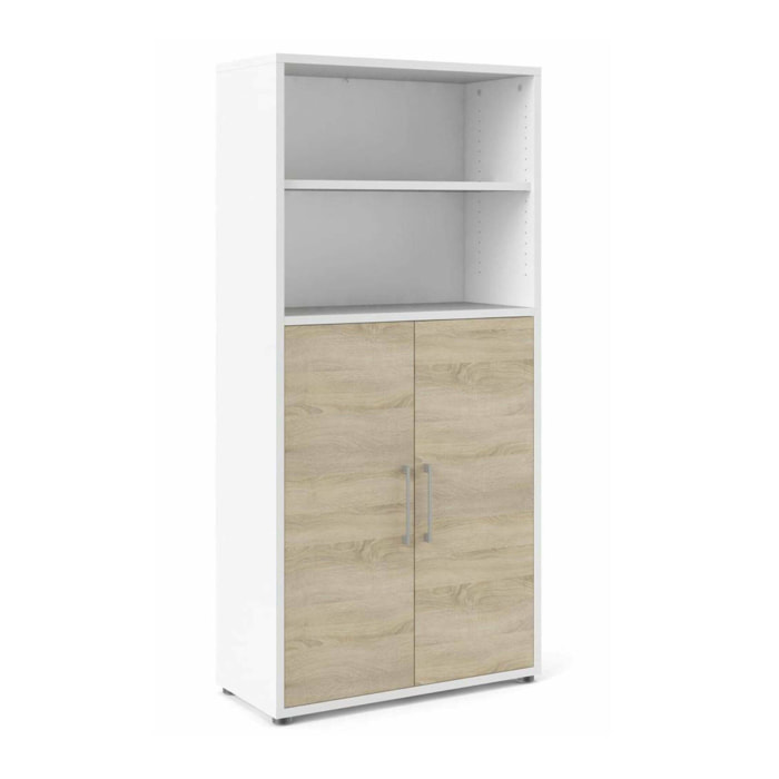 Credenza Saotome, Buffet da soggiorno, Madia da salotto, Dispensa da cucina, 89x40 h186 cm, Bianco e Quercia