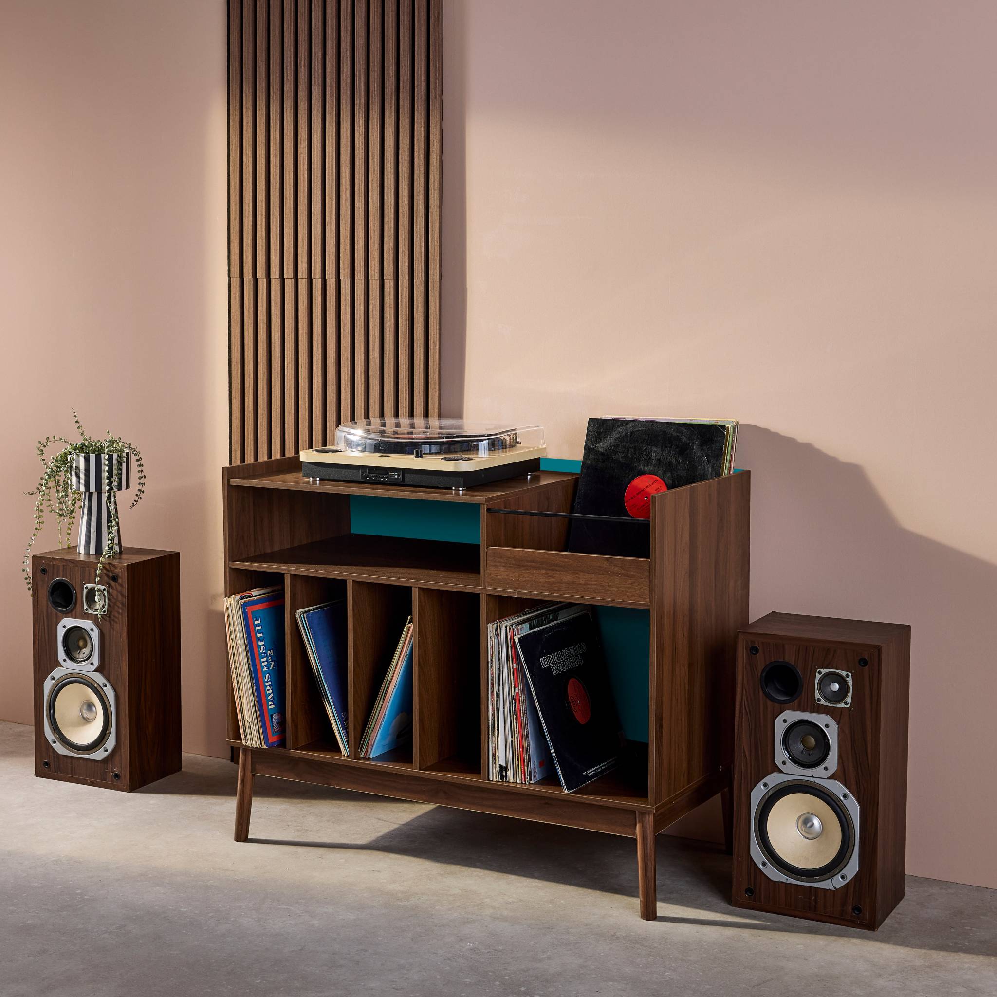 Meuble vinyle vintage bicolore décor bois et fond coloré 100cm NEPAL