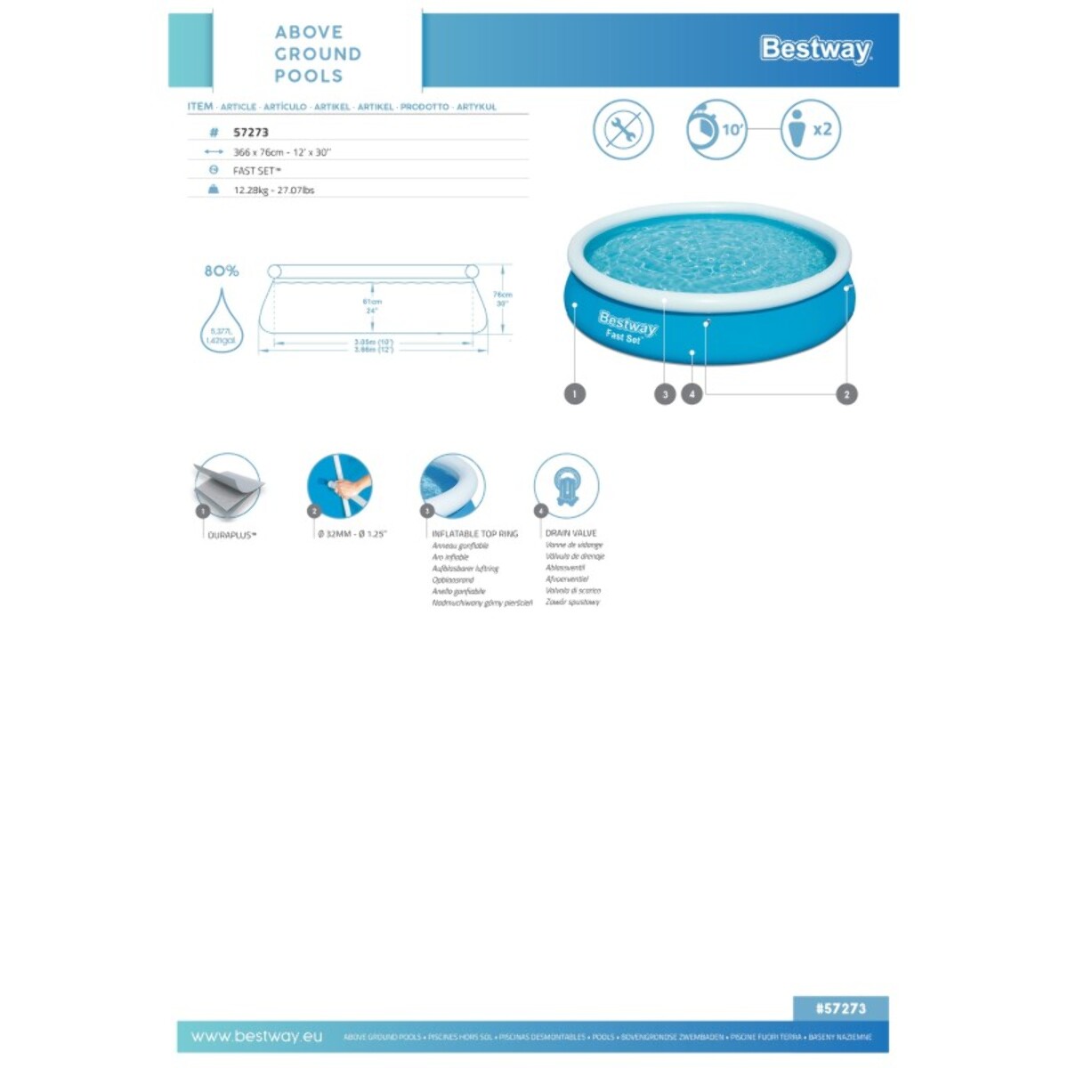 Bestway Piscine autoportante Ronde Fast Set 366 x 76 cm