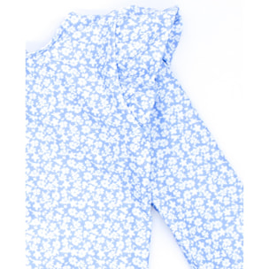 Bañador de manga larga de flor azul celeste, con volantes.