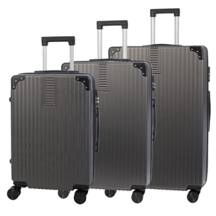 Juego de 3 maletas Trolley, en material ligero ABS de alta resistencia con esquinas reforzadas. Cerradura numérica y 4 ruedas dobles extraíbles y giratorias 360°.