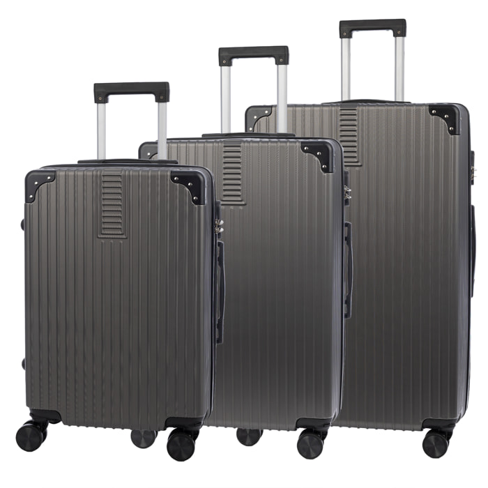 Juego de 3 maletas Trolley, en material ligero ABS de alta resistencia con esquinas reforzadas. Cerradura numérica y 4 ruedas dobles extraíbles y giratorias 360°.