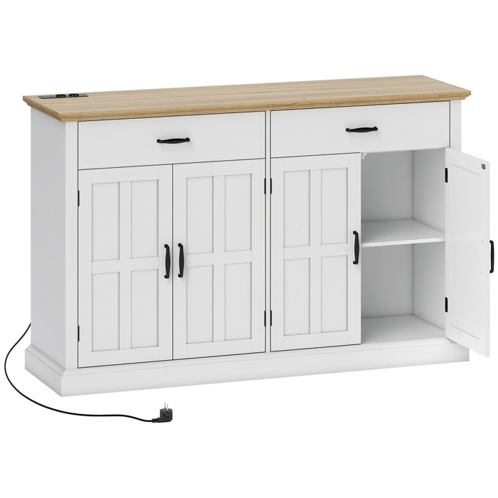 Buffet style rural chic - 4 portes 2 étagères 2 tiroirs - ports USB et multiprise intégrés - blanc effet bois chêne clair