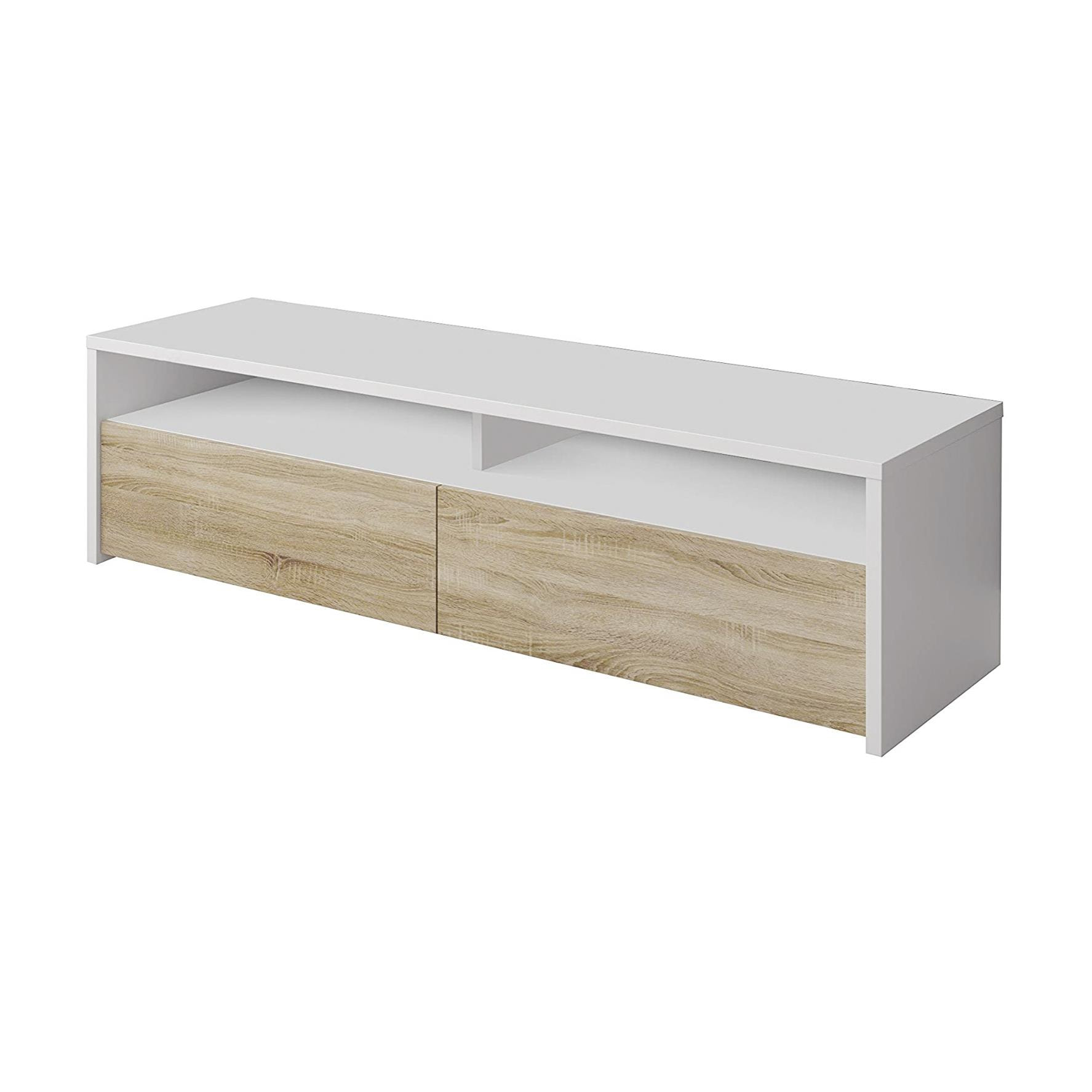 Mobile porta TV Henderson, Credenza per televisione da soggiorno con 2 ante, Supporto TV, Buffet moderno basso da salotto, cm 130x40h36, Bianco lucido