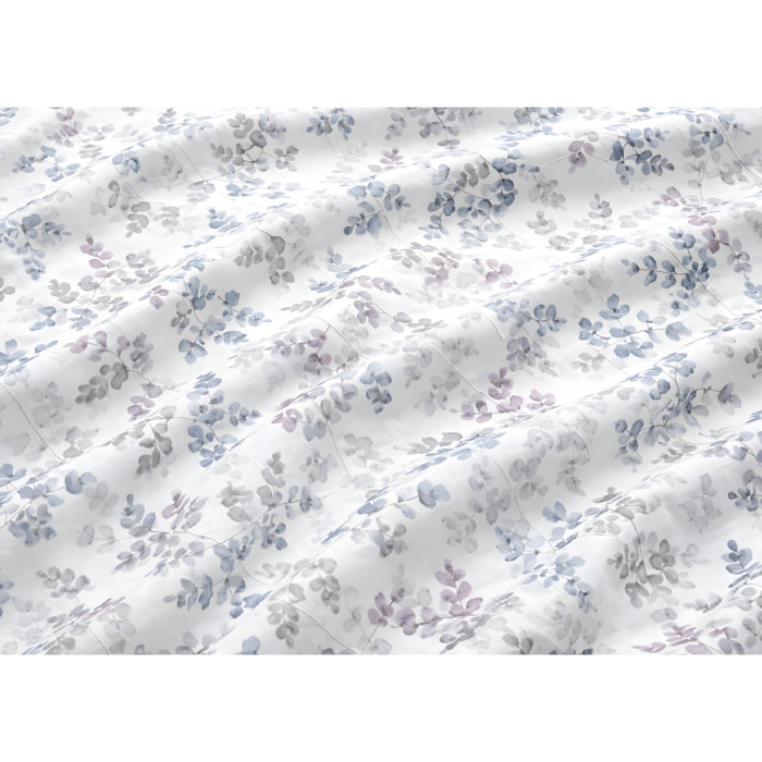 Parure Copripiumino 100% Cotone Made In Italy Fantasia Floreale Disegno Petalo Azzurro