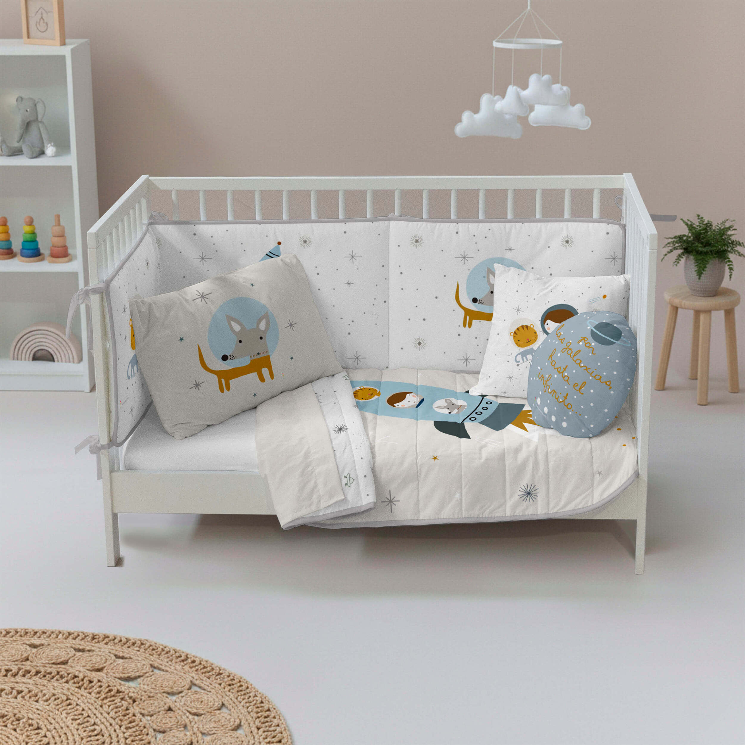 Colcha Bouti Estampada - Reversible - Infantil - 100% Algodón - Cuna - Viaje Espacial