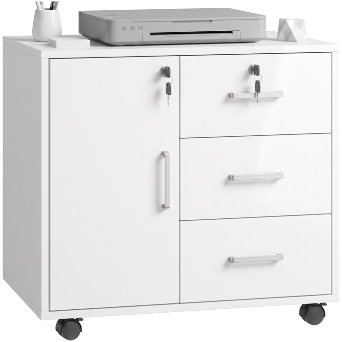 Mueble para Impresora con Ruedas, Mesa para Impresora con Puerta y 3 Cajones, Cerraduras, Estante Ajustable, Archivador Móvil para Oficina en Casa, 60x40x56 cm, Blanco
