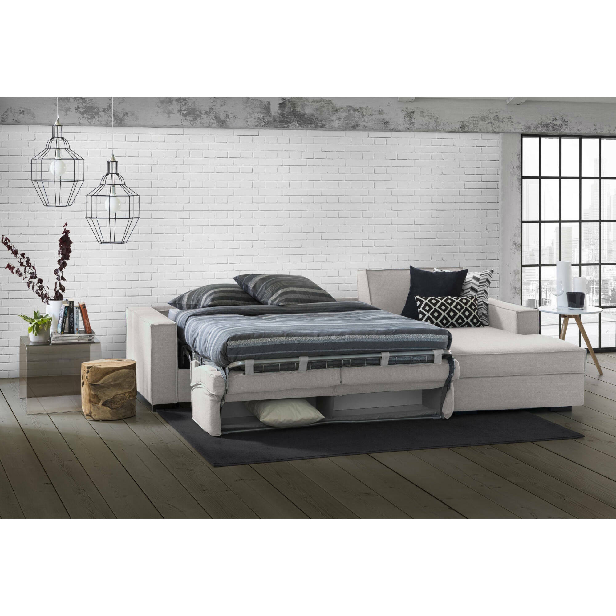 Divano letto con penisola Afar, Sofà con apertura girevole, Penisola contenitore Destra, Braccioli slim, 100% Made in Italy, Cm 260x95h90, Grigio