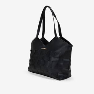 Bolso tote negro con tiras entrelazadas y cremallera