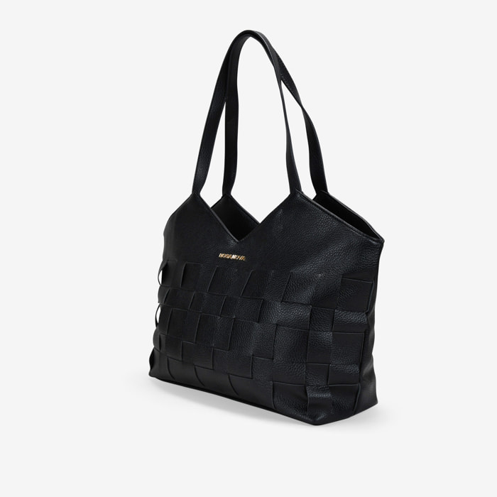 Bolso tote negro con tiras entrelazadas y cremallera