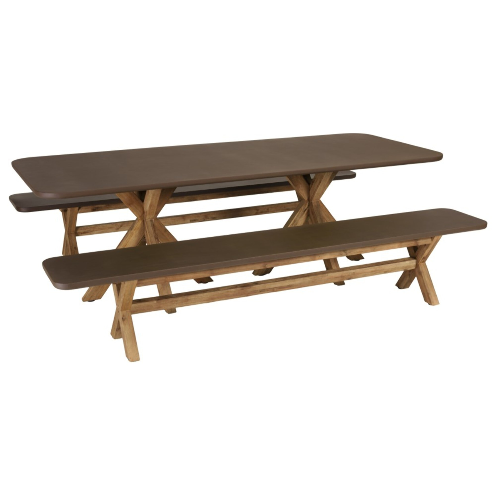 NESTOR - Ensemble table et bancs effet béton marron pieds en bois d'acacia