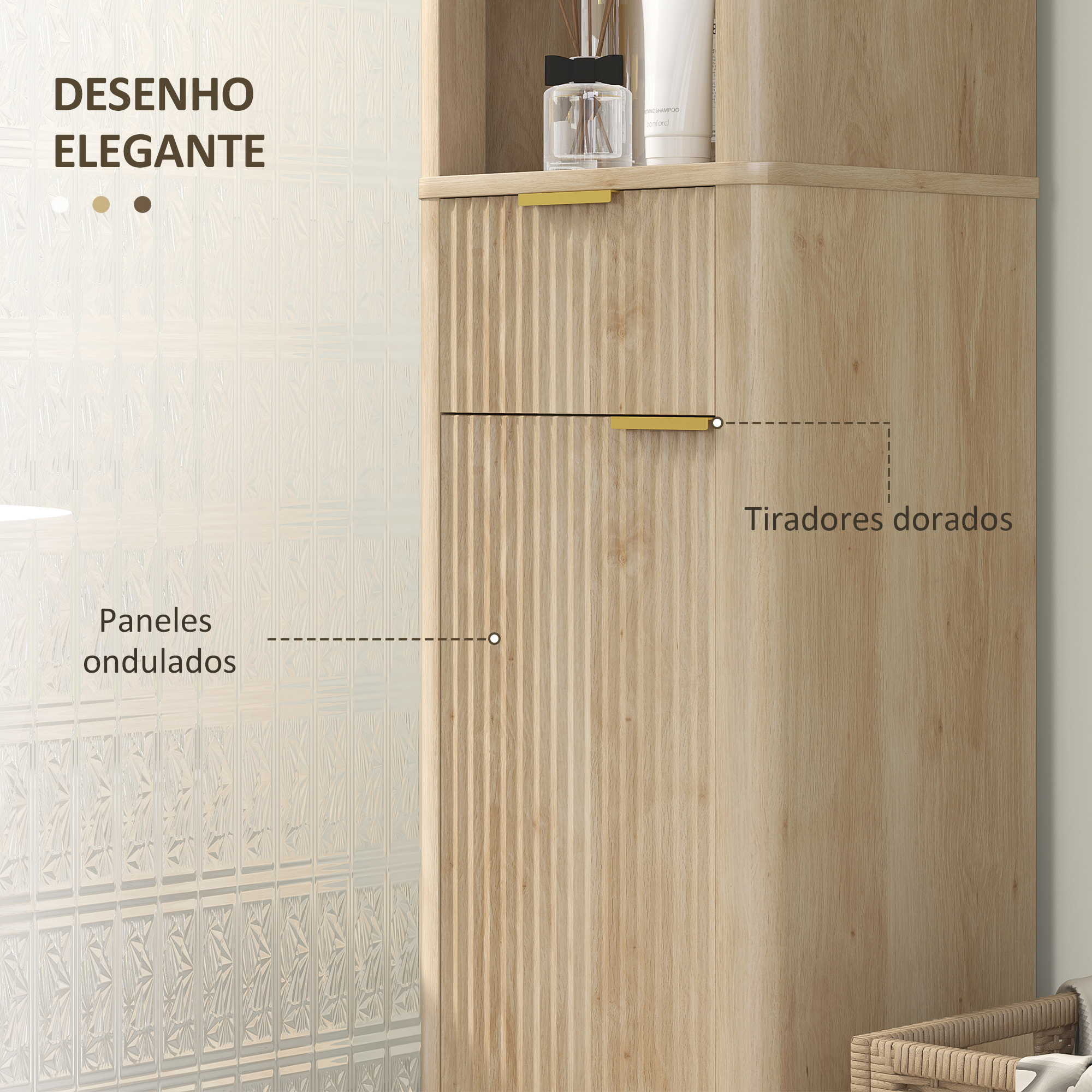 Columna de Baño Mueble de Baño Estrecho con Puerta de Acanalado Cajón 3 Compartimentos Abiertos y Estantes Ajustables Armario Alto de Baño Moderno 33x30x170 cm Natural