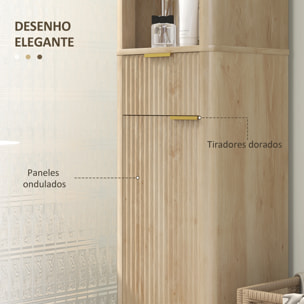 Columna de Baño Mueble de Baño Estrecho con Puerta de Acanalado Cajón 3 Compartimentos Abiertos y Estantes Ajustables Armario Alto de Baño Moderno 33x30x170 cm Natural