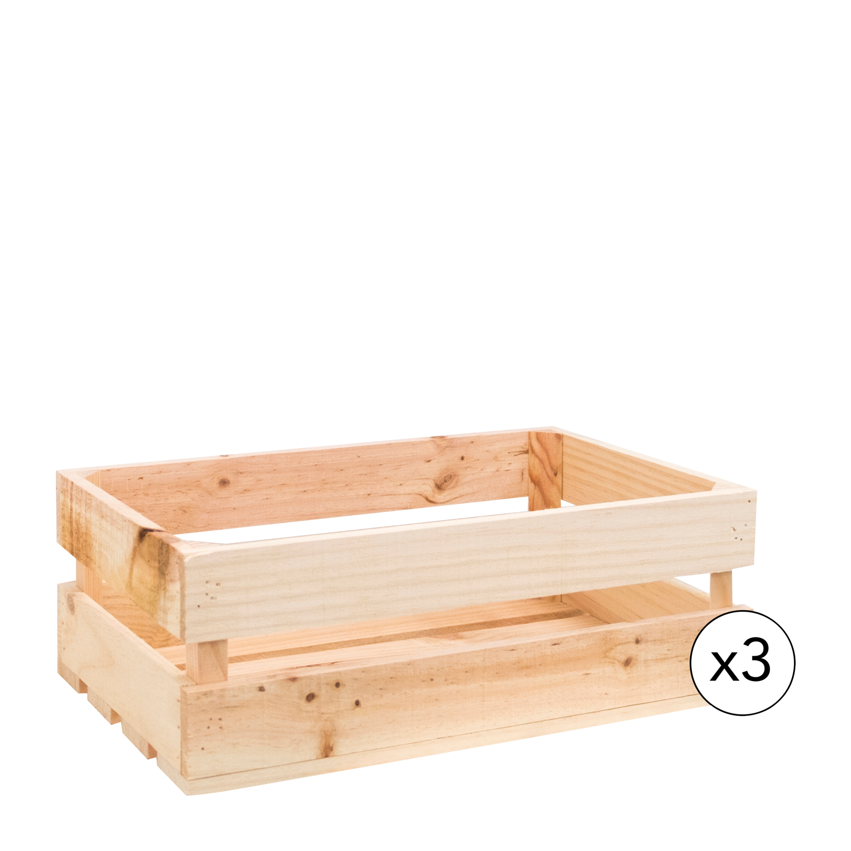 Pack de 3 cajas de madera maciza en tono natural medianas Alto: 17.5 Largo: 49 Ancho: 29.5