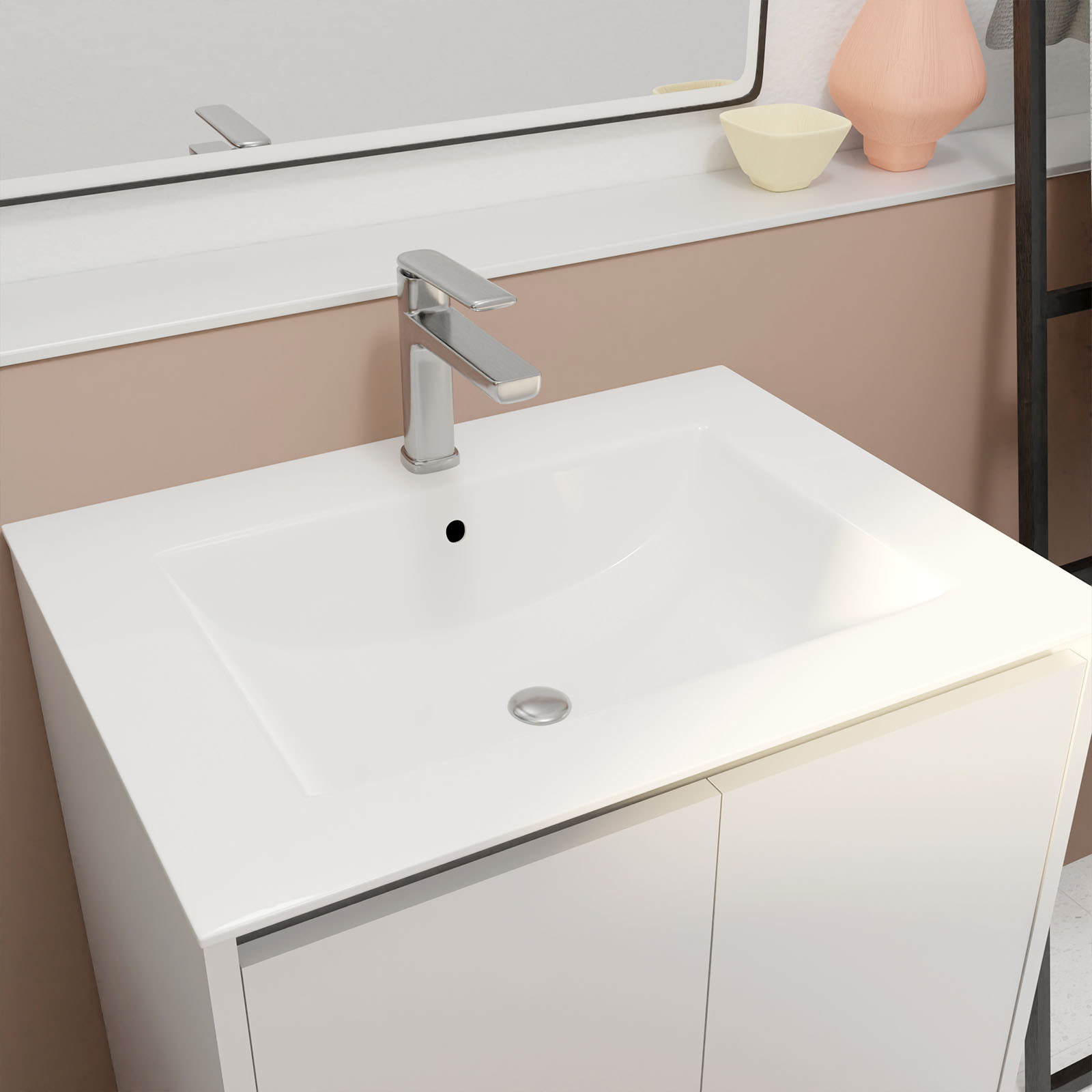 Pack Meuble Salle de Bains 60cm Laqué Blanc 2 portes avec Vasque Céramique Blanche - XENOS