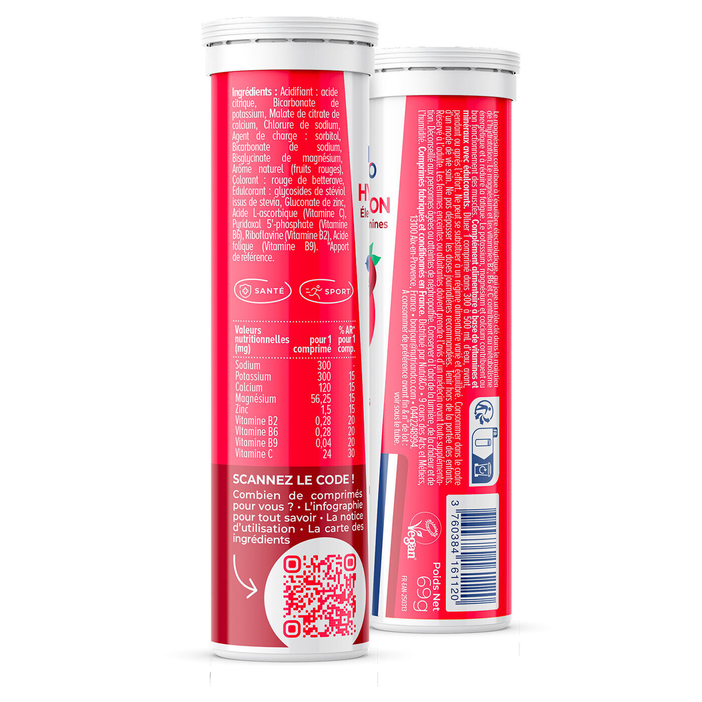 Nutri&Co Électrolytes Hydratation - 5 Minéraux 4 Vitamines - Goût Fruits Rouges - Lot de 3 tubes - 45 comprimés