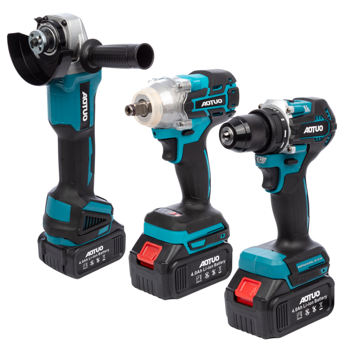 Set de 3 herramientas eléctricas, radial angular, taladro y llave de impacto 21V. Con dos baterías de 13000mAh.