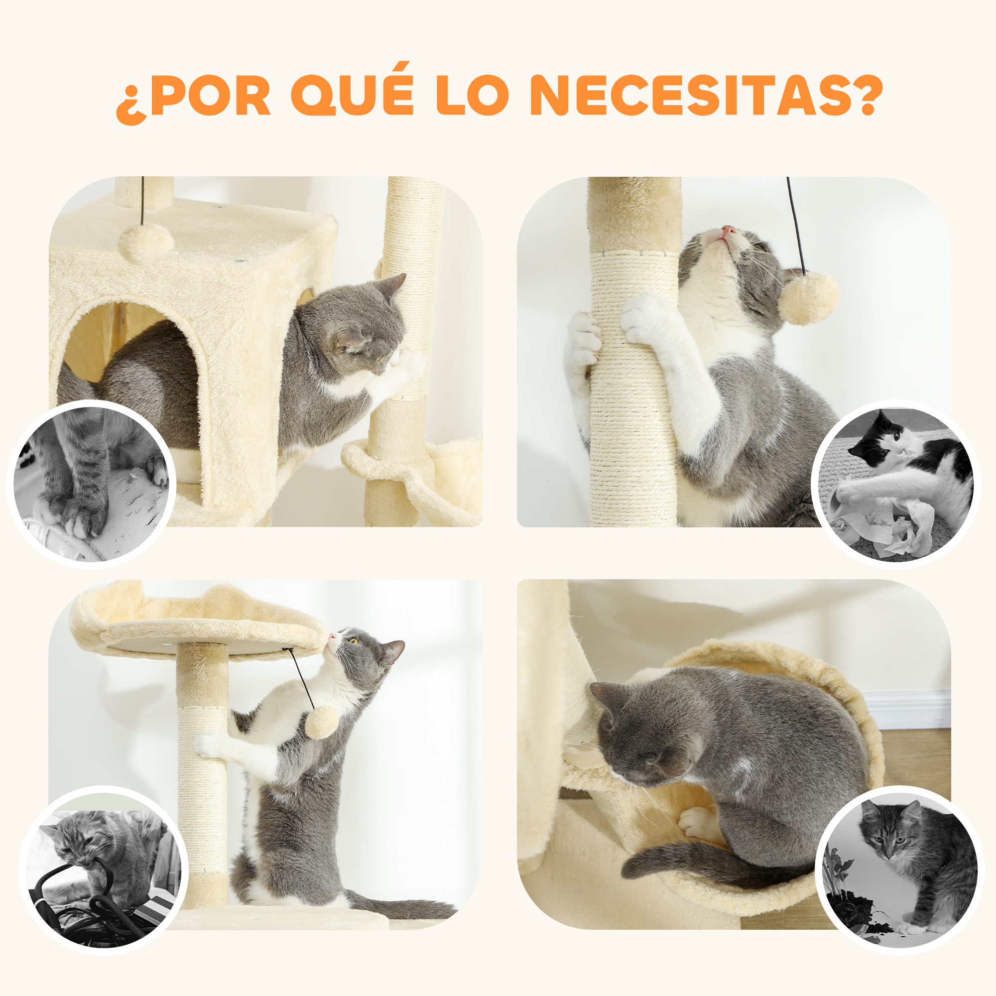 Árbol Rascador para Gatos, Árbol para Gatos 140 cm, Torre Escalador con Múltiples Plataformas, Cama, 2 Cuevas, Hamaca, Escalera, Postes de Sisal, Bolas para Jugar, Beige