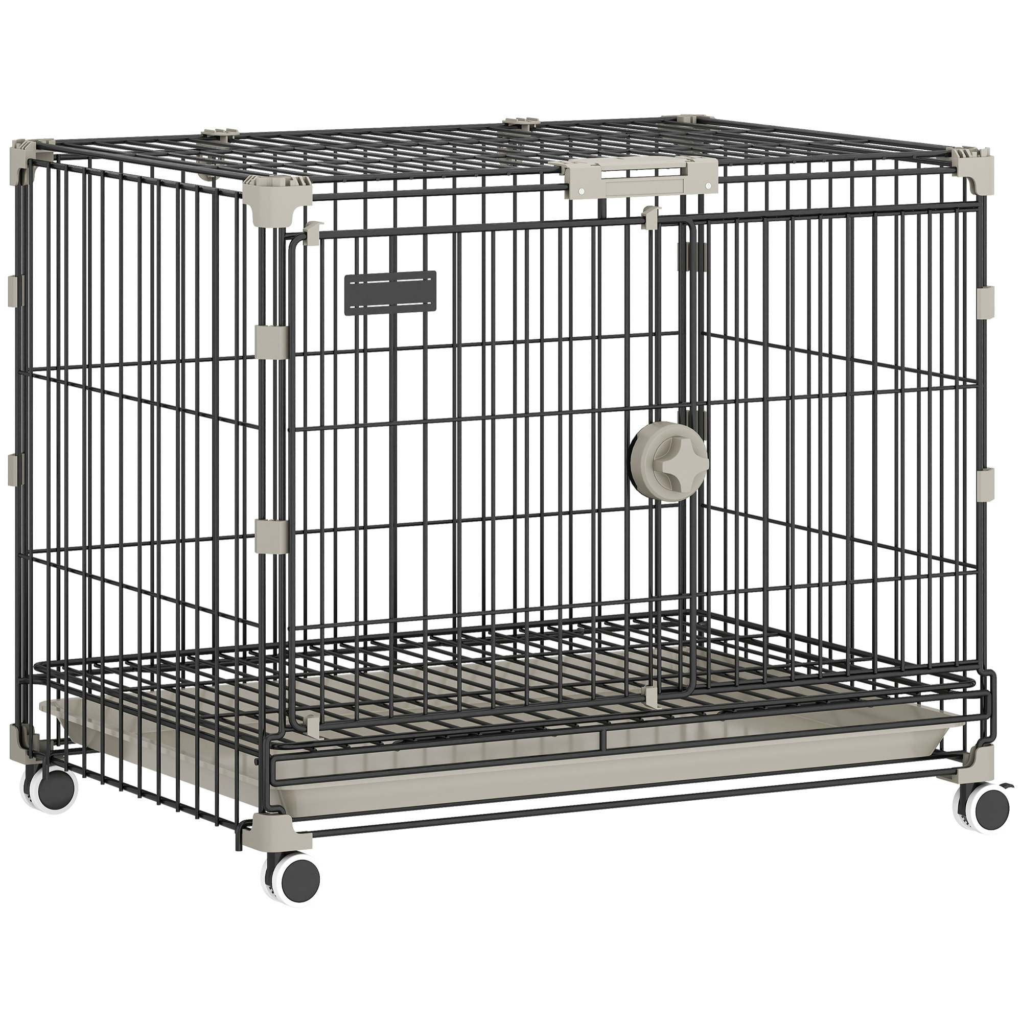 Cage pour Chien Pliable, Plateau Amovible, Roues avec Freins, Toit Ouvrant Verrouillable, Porte de Nourrissage, Niche Chien Interieur pour Petits et Moyens Chiens, 60,5x45,5x54,5cm, Noir