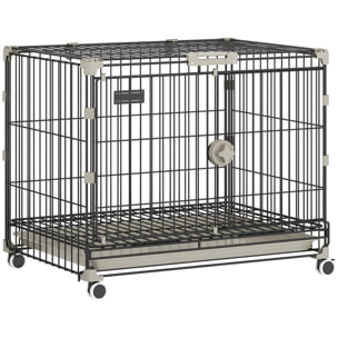 Cage pour Chien Pliable, Plateau Amovible, Roues avec Freins, Toit Ouvrant Verrouillable, Porte de Nourrissage, Niche Chien Interieur pour Petits et Moyens Chiens, 60,5x45,5x54,5cm, Noir