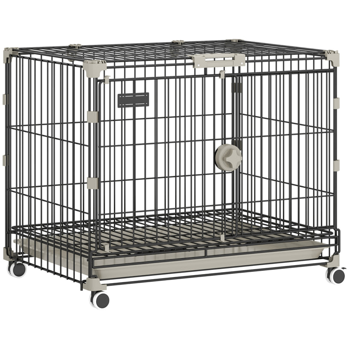Cage pour Chien Pliable, Plateau Amovible, Roues avec Freins, Toit Ouvrant Verrouillable, Porte de Nourrissage, Niche Chien Interieur pour Petits et Moyens Chiens, 60,5x45,5x54,5cm, Noir