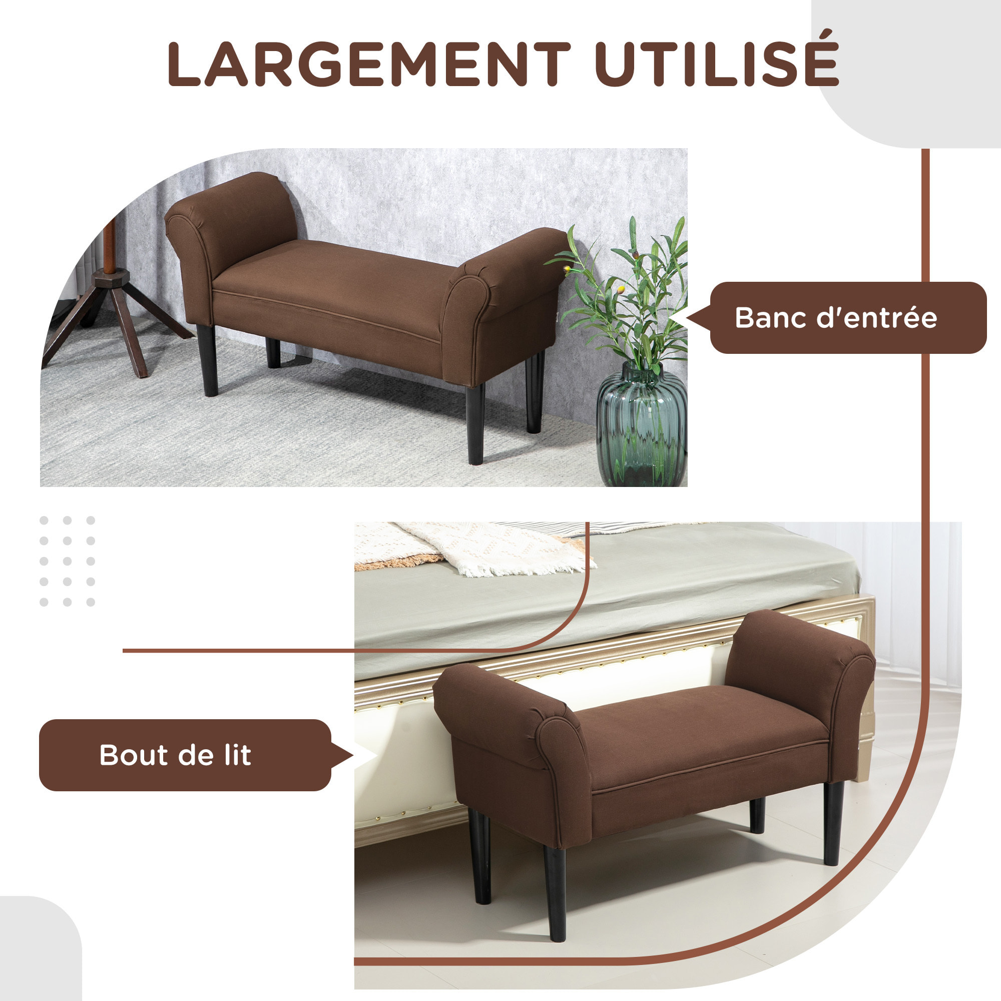 Banc banquette design contemporain accoudoirs courbés grand confort 102L x 31l x 51H cm chocolat