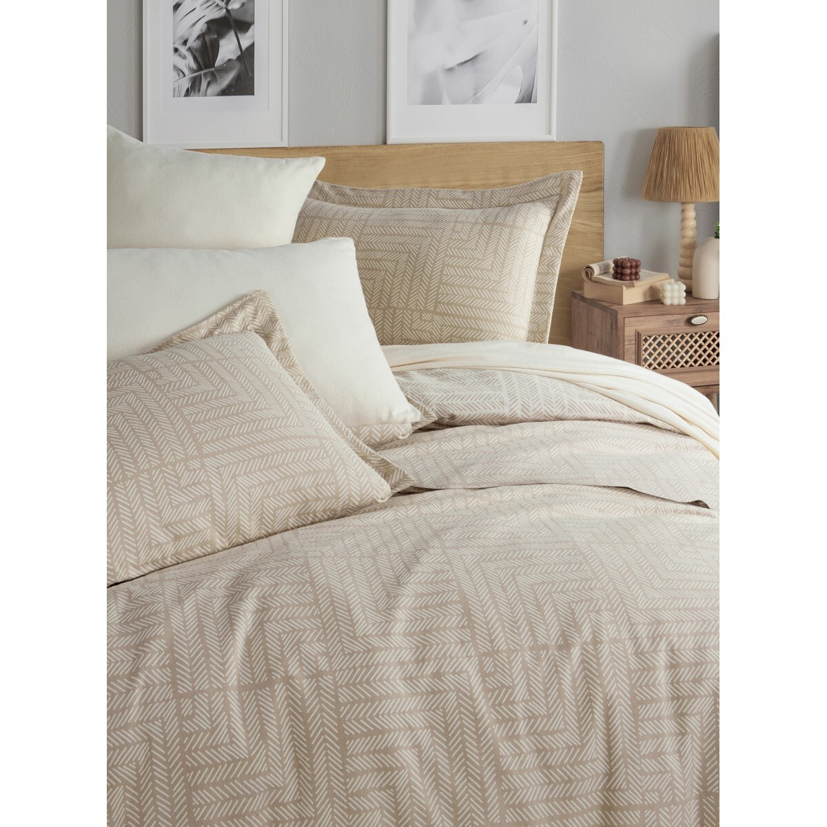 Parure de lit Flanelle de coton imprimé "Zenith beige"