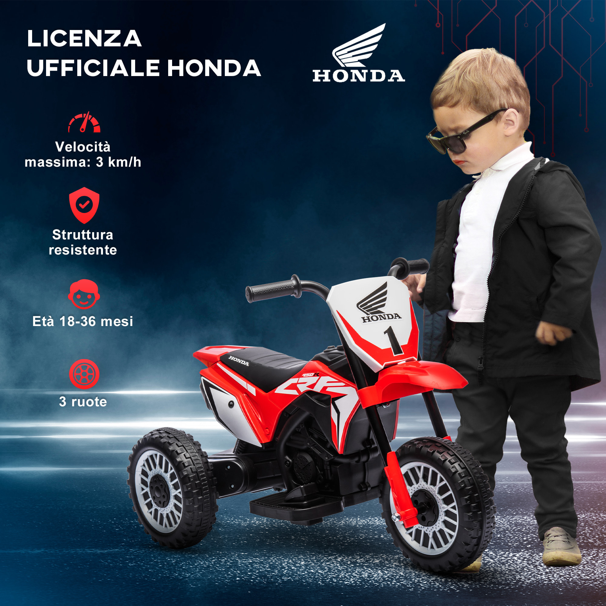 HOMCOM Moto Elettrica per Bambini con Licenza Honda CRF450RL a 3 Ruote, Età 18-36 Mesi, Rosso