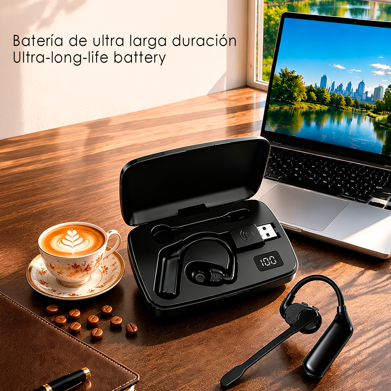 Auricular Bluetooth manos libres V2. Diseño reversible para ambas orejas, micrófono magnético extraíble de 360° y batería larga duración. Con caja de carga y compatible con PC/Tablet.