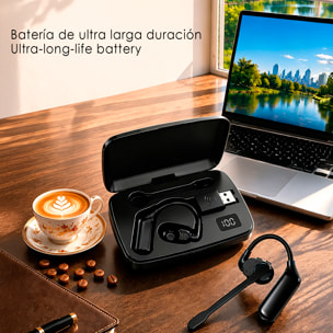 Auricular Bluetooth manos libres V2. Diseño reversible para ambas orejas, micrófono magnético extraíble de 360° y batería larga duración. Con caja de carga y compatible con PC/Tablet.