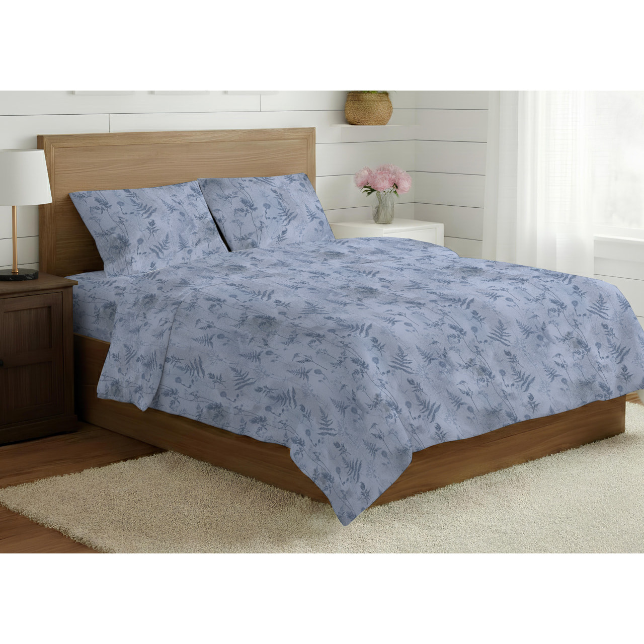 Parure Copripiumino 100% Cotone Made In Italy Fantasia Floreale Disegno Soffione Azzurro