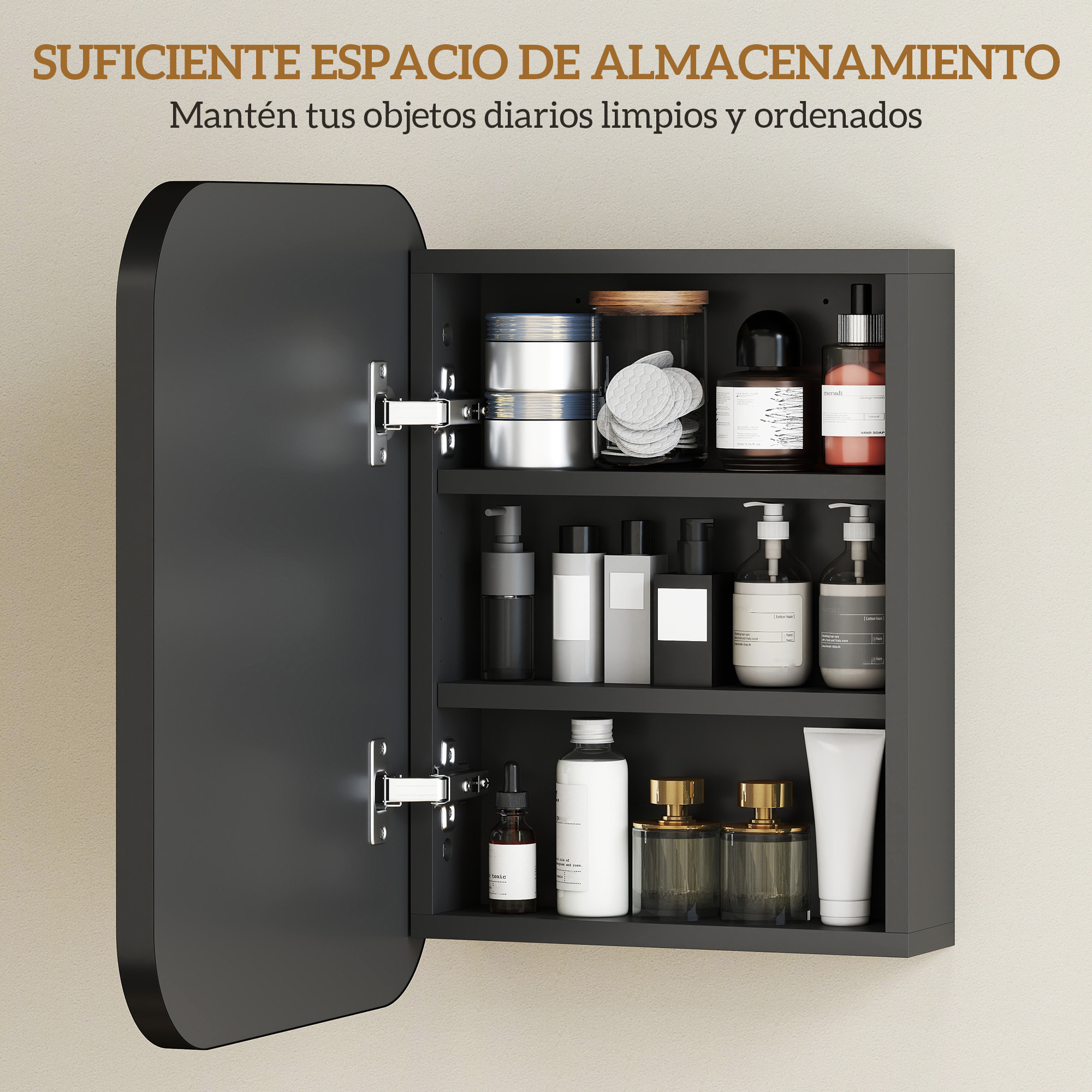 Armario de Baño con Espejo, Diseño con Bordes Curvados, Armario de Pared, Mueble de Baño Colgar, Estantes Ajustables, 40,2x10,2x50,9 cm, Negro