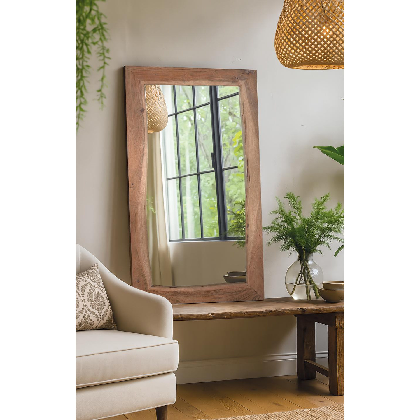 Espejo de Madera de Acacia, Trasera en Mdf 65 Cm Estilo Rústico Moderno