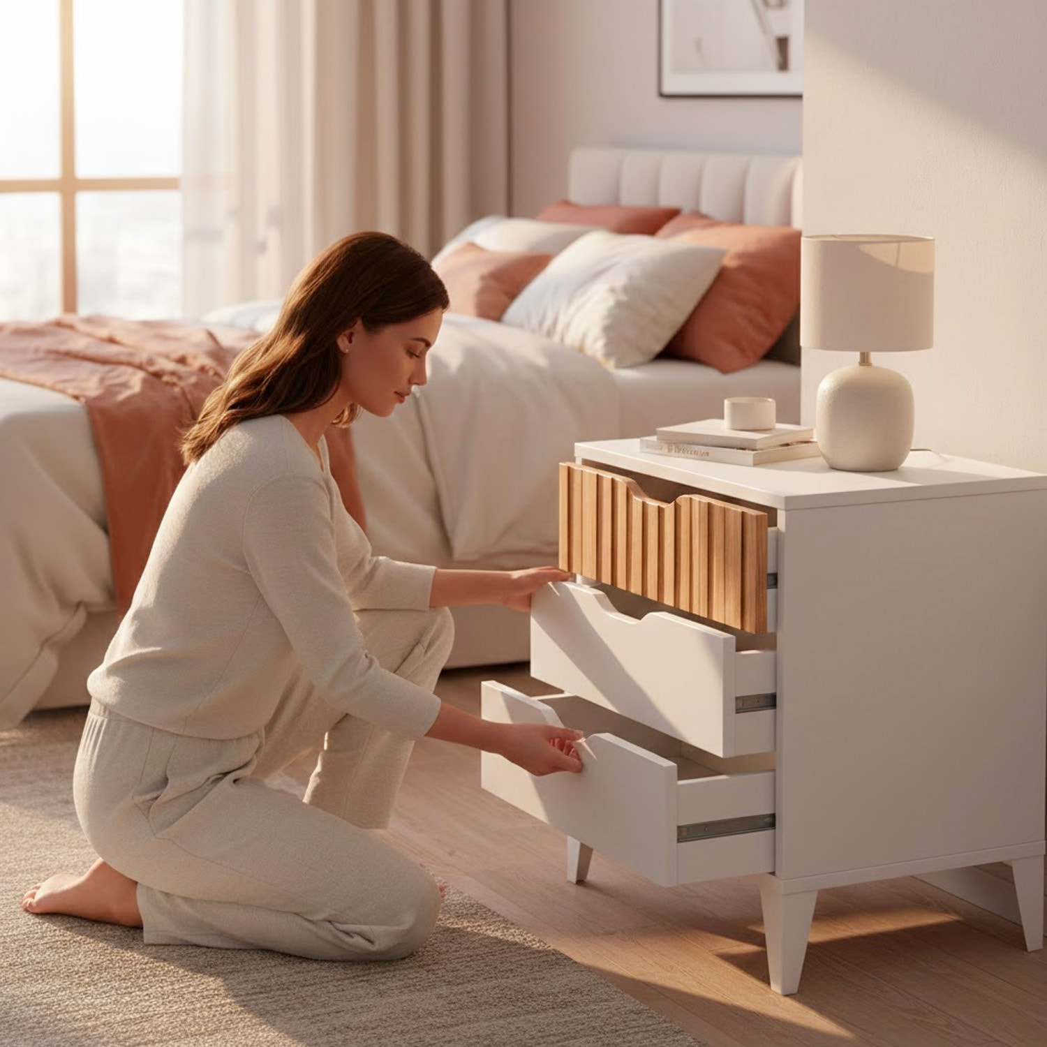 Comodino Stile Nordico Con 3 Cassetti Mobiletto Con Gambe Rialzate Design Scandinavo Zona Notte Salvaspazio 50 x 44 x 33 Cm Bianco E Rovere