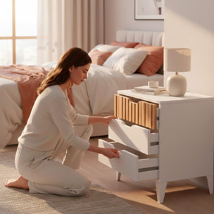 Comodino Stile Nordico Con 3 Cassetti Mobiletto Con Gambe Rialzate Design Scandinavo Zona Notte Salvaspazio 50 x 44 x 33 Cm Bianco E Rovere