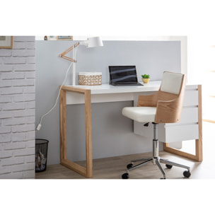 Chaise de bureau à roulettes design blanc, bois clair et acier chromé MAYOL