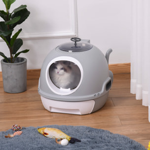 Maison de toilette portable pour chat tiroir à litière coulissant porte battante lucarne + pelle fournis dim. 47L x 55l x 44H cm gris