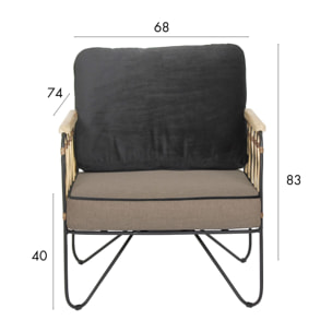 FAUT. ROTIN-ASSISE TAUPE -DOS VELOURS NOIR-STRUCT METAL-RIO 68X74X83CM