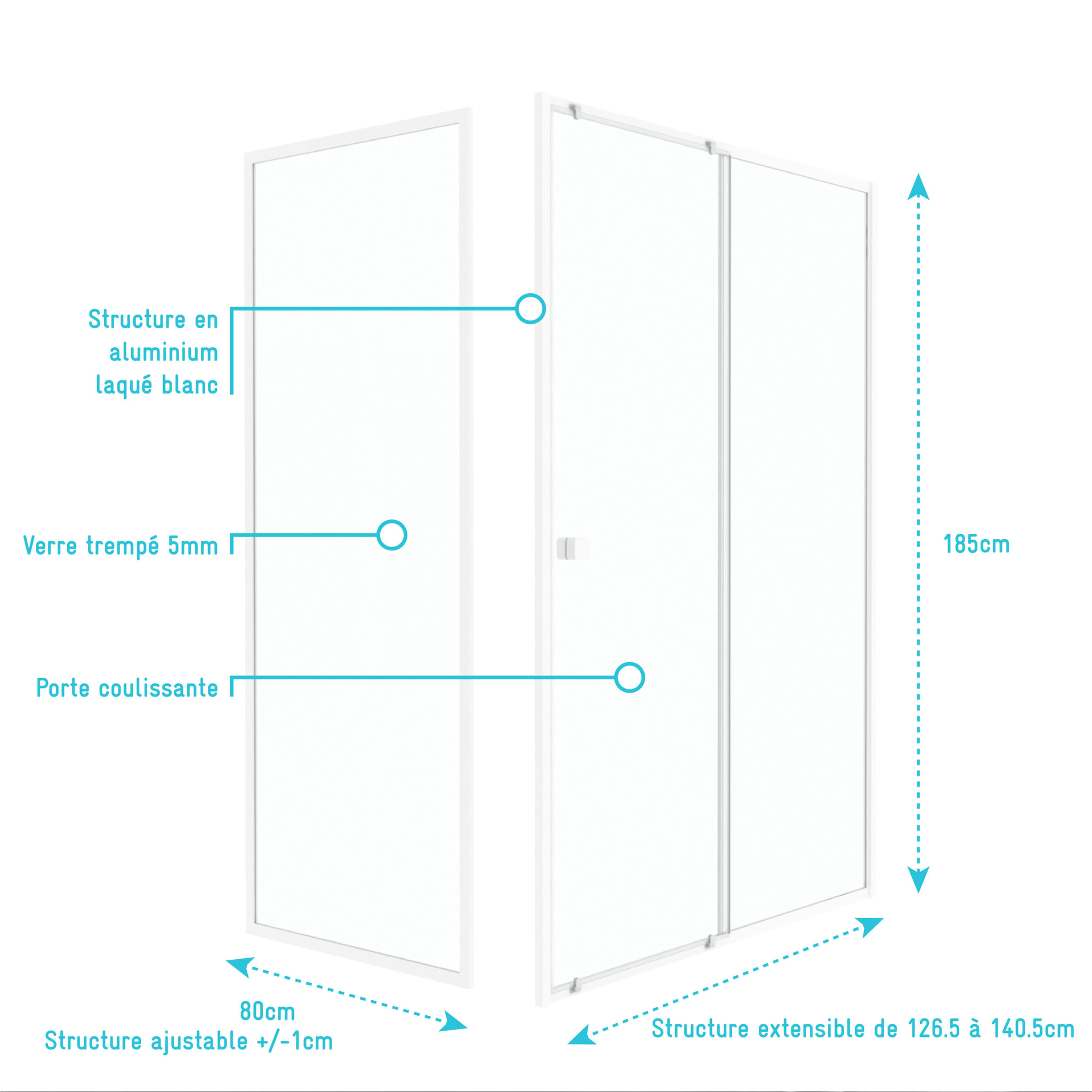 Pack porte de douche Coulissante blanc 140x185cm + retour 80 verre transparent 5mm - WHITY slide