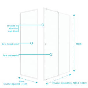 Pack porte de douche Coulissante blanc 140x185cm + retour 80 verre transparent 5mm - WHITY slide