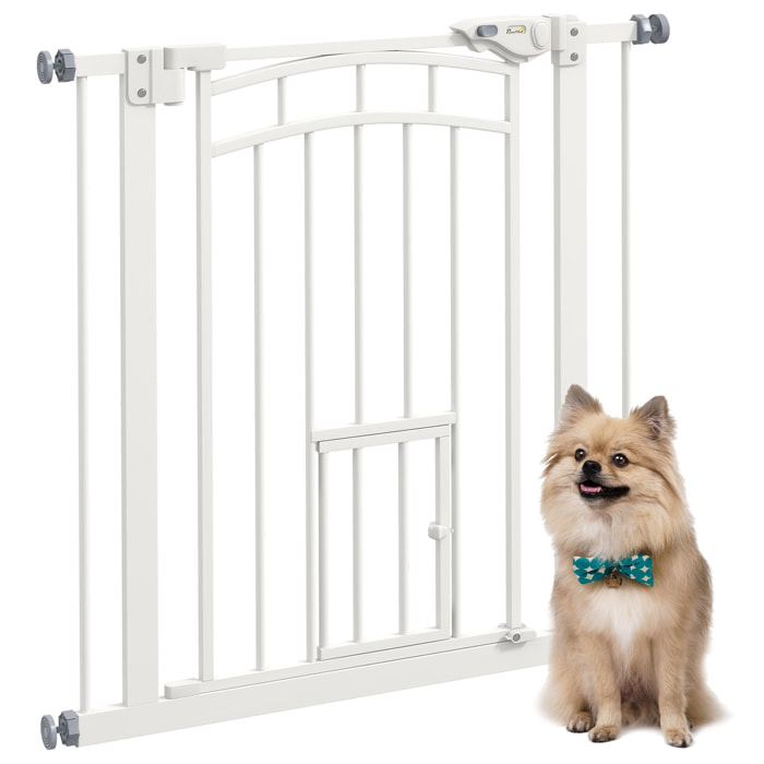 Barrière de sécurité chien, barrière d'escalier à fixation par pression sans percer, porte fermeture automatique, système de double verrouillage, 74 à 80 cm, acier, blanc
