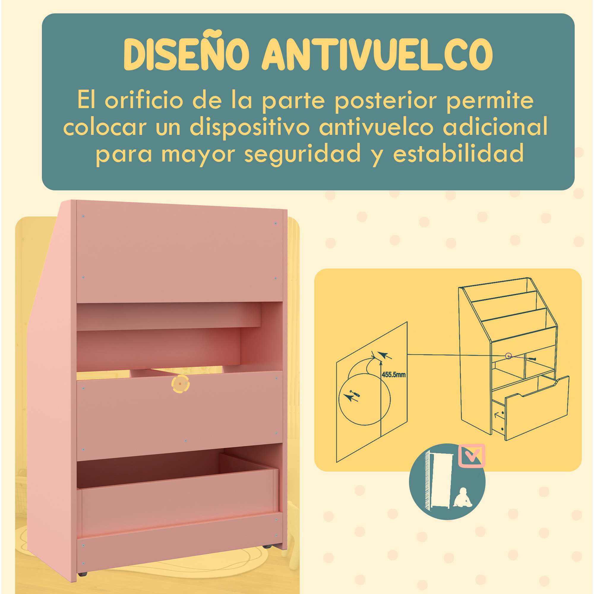 Estantería Infantil de Madera con 3 Compartimentos 2 Cubos y Cajón Móvil con 4 Ruedas Librería Infantil para Habitación de Niños Sala de Juegos 60x29,9x90 cm Rosa