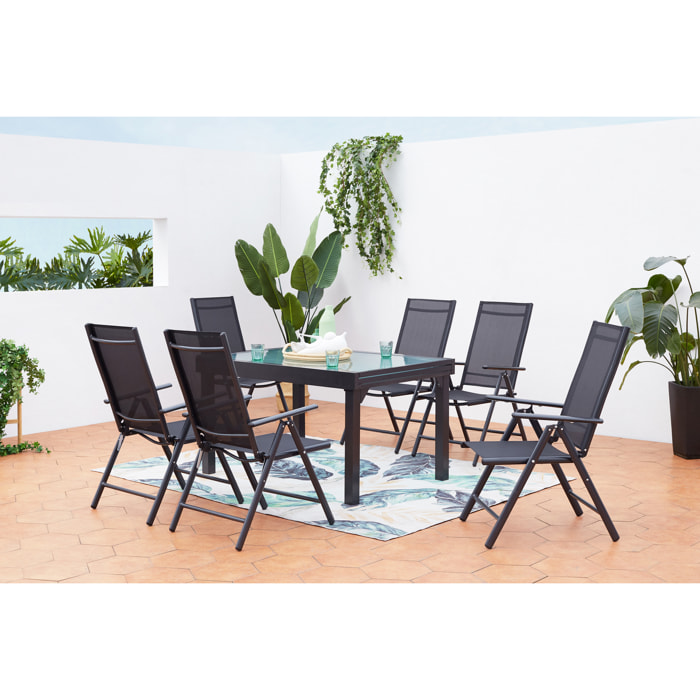 Table de jardin extensible et 6 fauteuils en alu et toile PVC CALAMATA