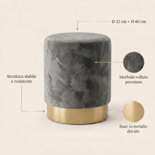 Pouf cilindrico in velluto con base dorata, sgabello imbottito elegante e resistente, seduta compatta salvaspazio, ideale per salotto camera ingresso e toeletta, design moderno glamour e versatile