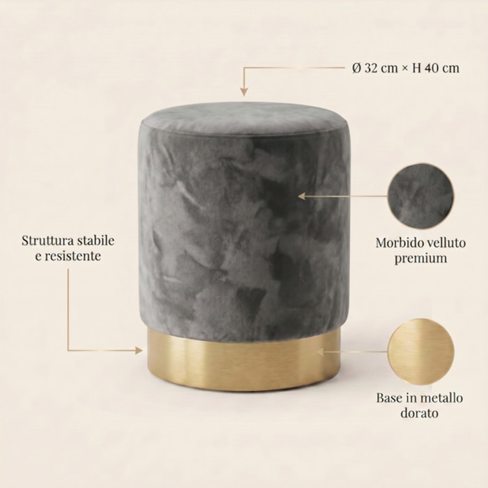 Pouf cilindrico in velluto con base dorata, sgabello imbottito elegante e resistente, seduta compatta salvaspazio, ideale per salotto camera ingresso e toeletta, design moderno glamour e versatile