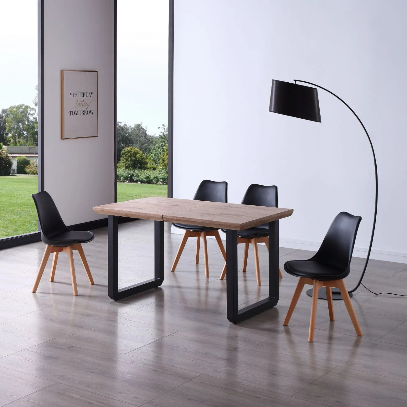 Mesa de comedor extensible con patas metálicas en negro y roble salvaje 140-220x80cm Roma Roble Honey - Negro